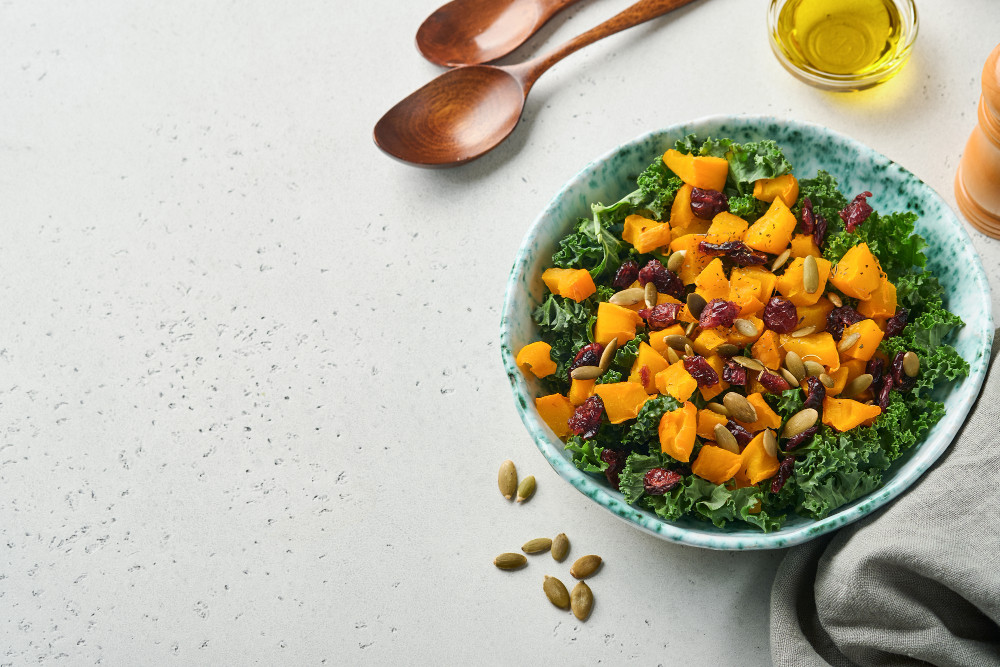 Marinated Kale with Spicy Roasted Pumpkin